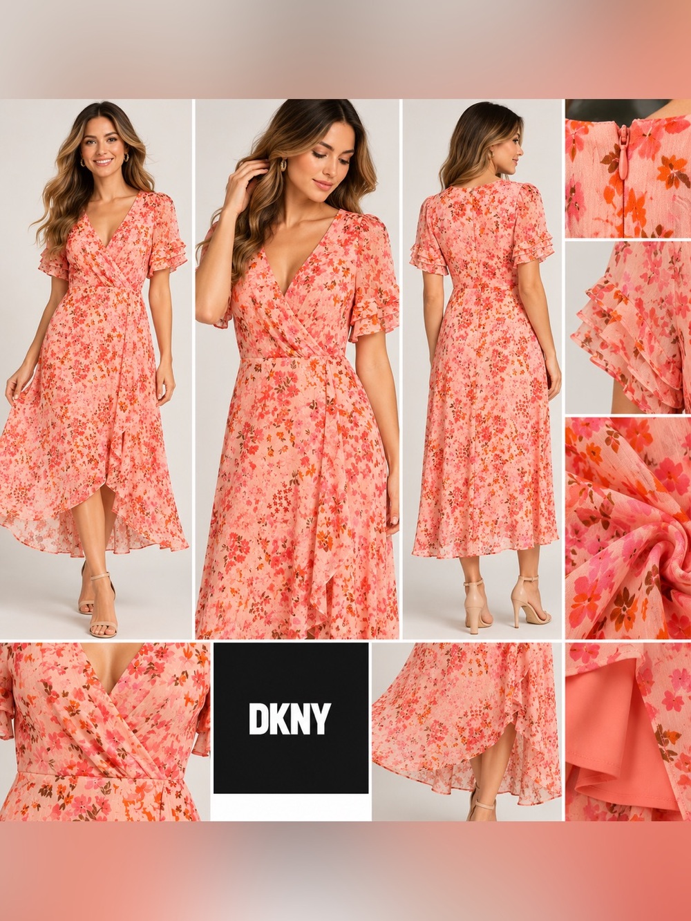 DKNY Floral Chiffon Wrap Midi Dress Pink Coral Ruffle Sleeve Size 8 NWT